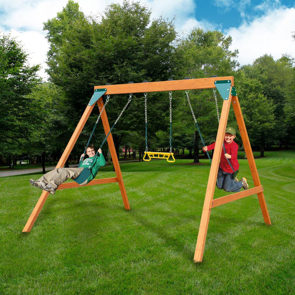 Swing-N-Slide Playsets A-Frame Wooden Swing Set with 2-Belt Swings and RingTrap Combo 01-1104