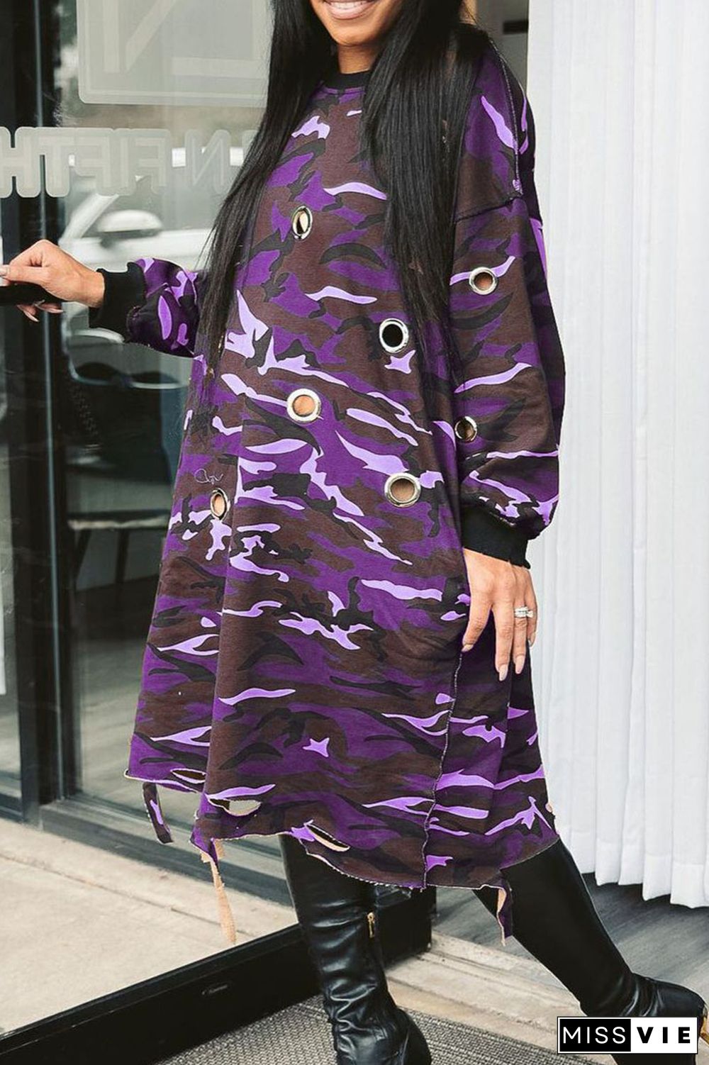 Purple Street Print Camouflage Print Hollowed Out Patchwork O Neck Straight Plus Size Dresses