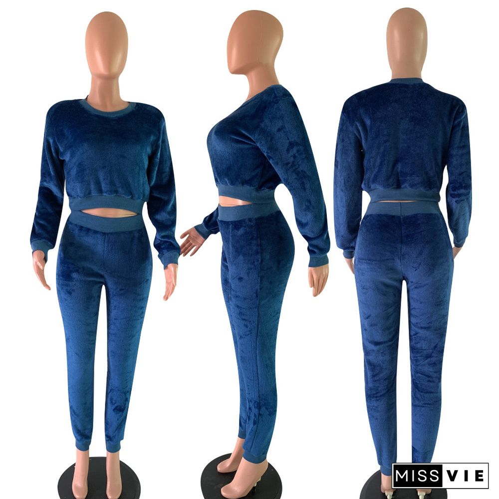 Casual Women Round Collar Long Sleeves Tight Pants 2 Pieces Set