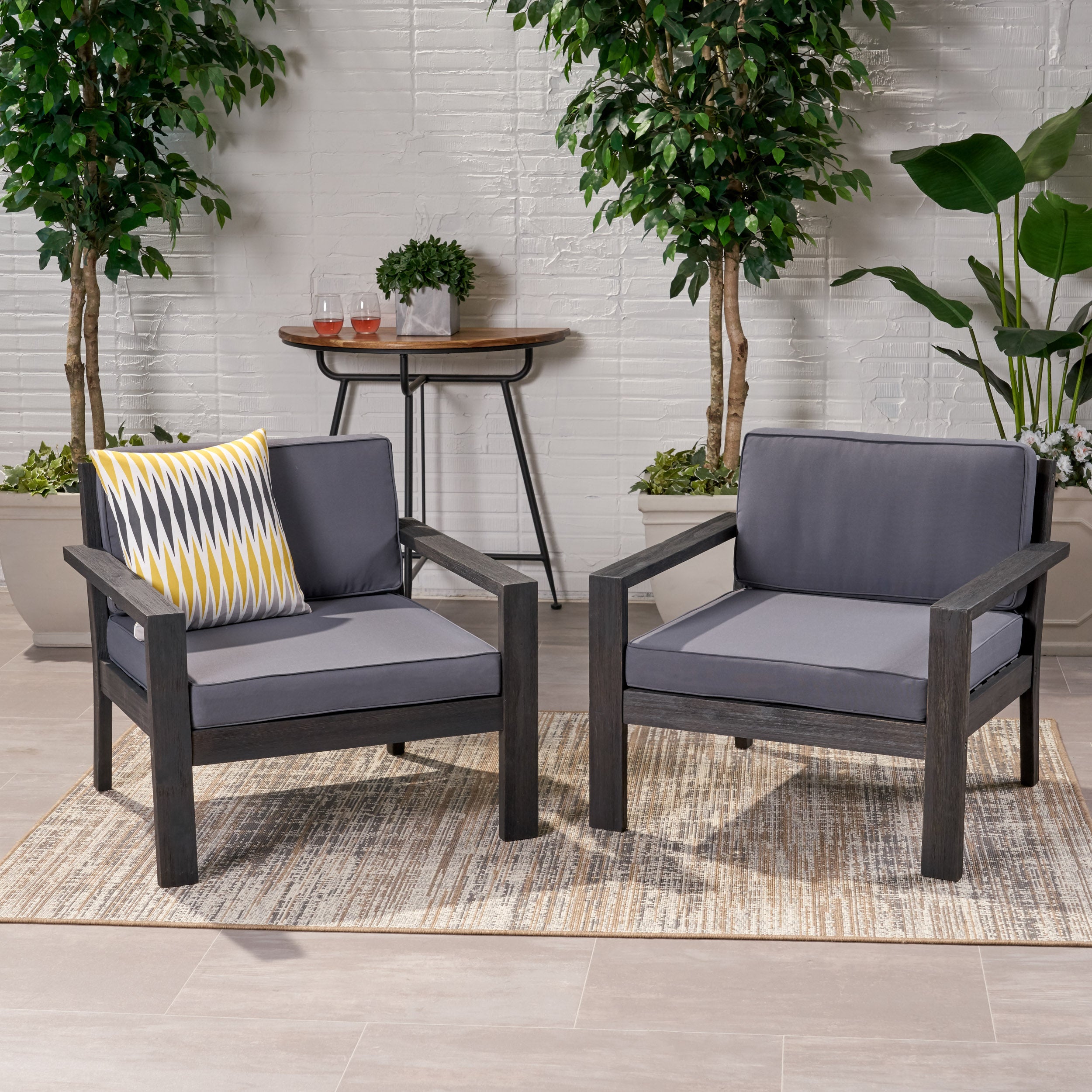 Susan Outdoor Acacia Wood Club Chairs with Cushions (Set of 2)