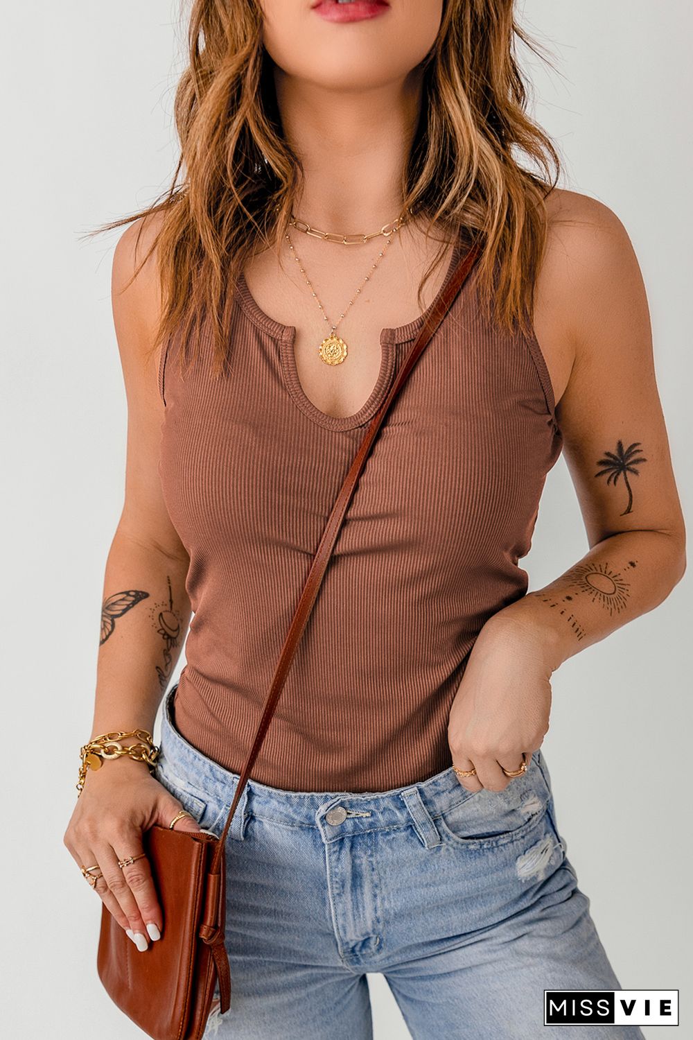 Brown Split Neck Ribbed Knit Tank Top