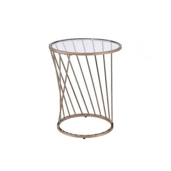 Round Glass Top End Table with Metal Base in Champagne Finish