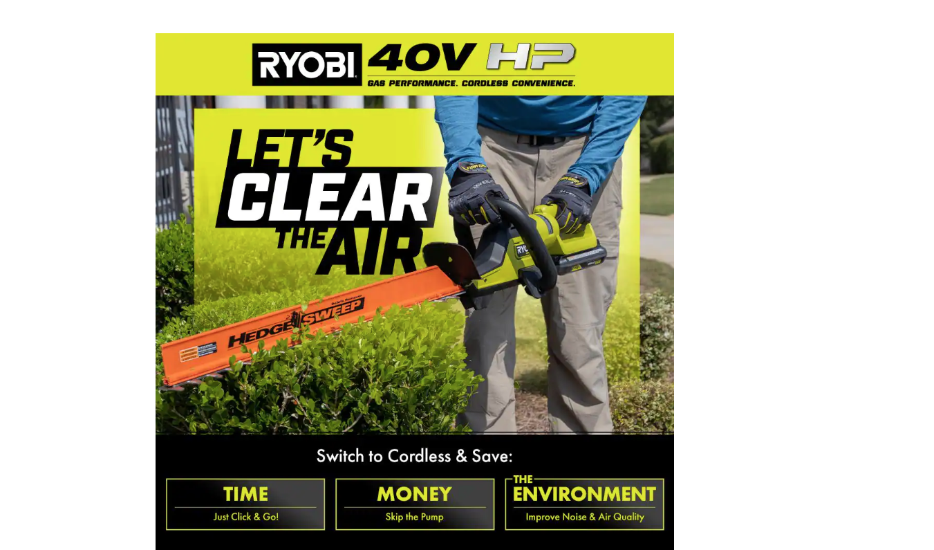 RYOBI RY40604BTLVNM 40V HP Brushless 26 in. Cordless Battery Hedge Trimmer (Tool Only)