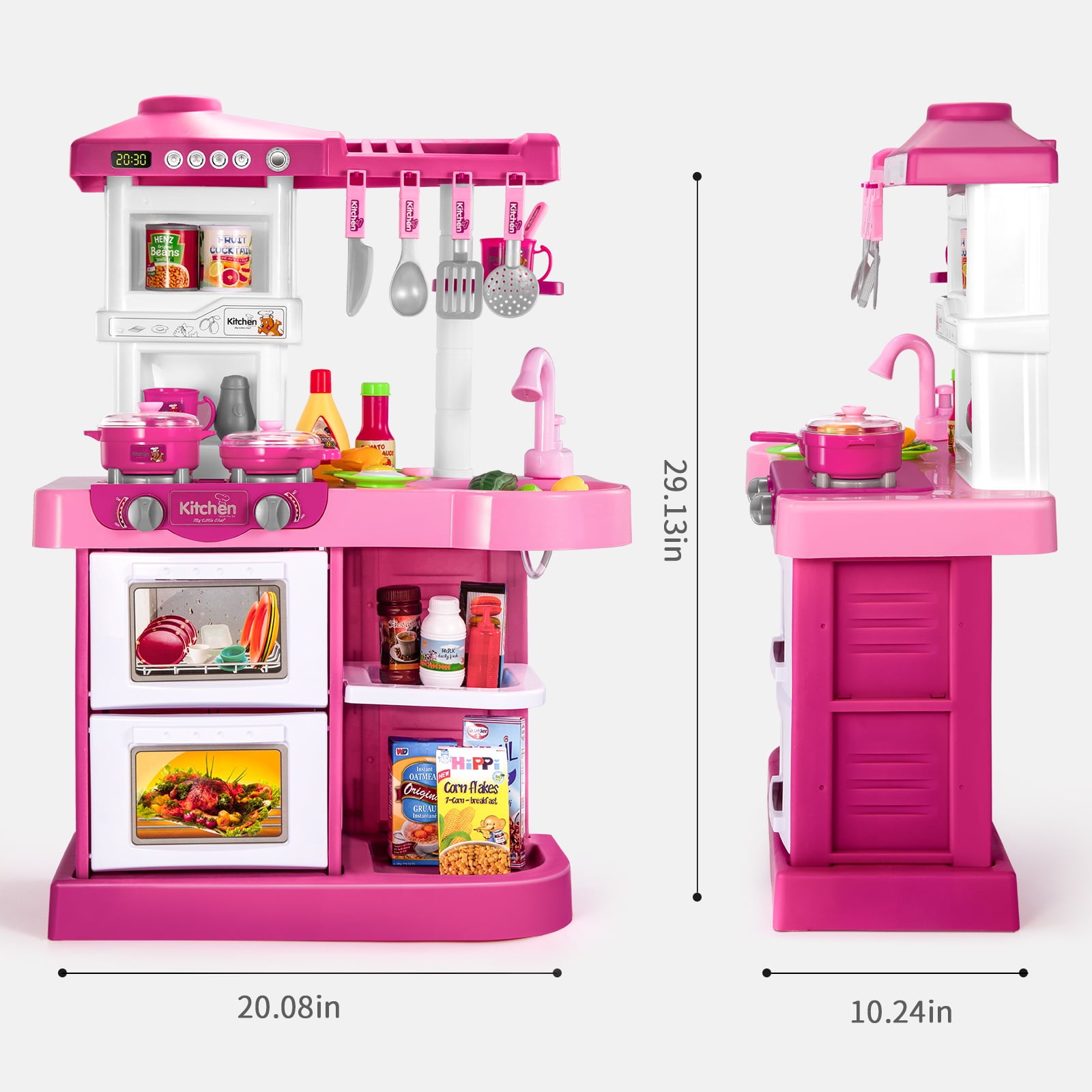 TEMI Play Kitchen Playset Pretend Food - 53-Pack Pink Kitchen Toys for Toddlers, Toy Accessories Toddler Set with Real Sounds and Lights, Girls and Boys Gift(20.8x29.13x10.24)