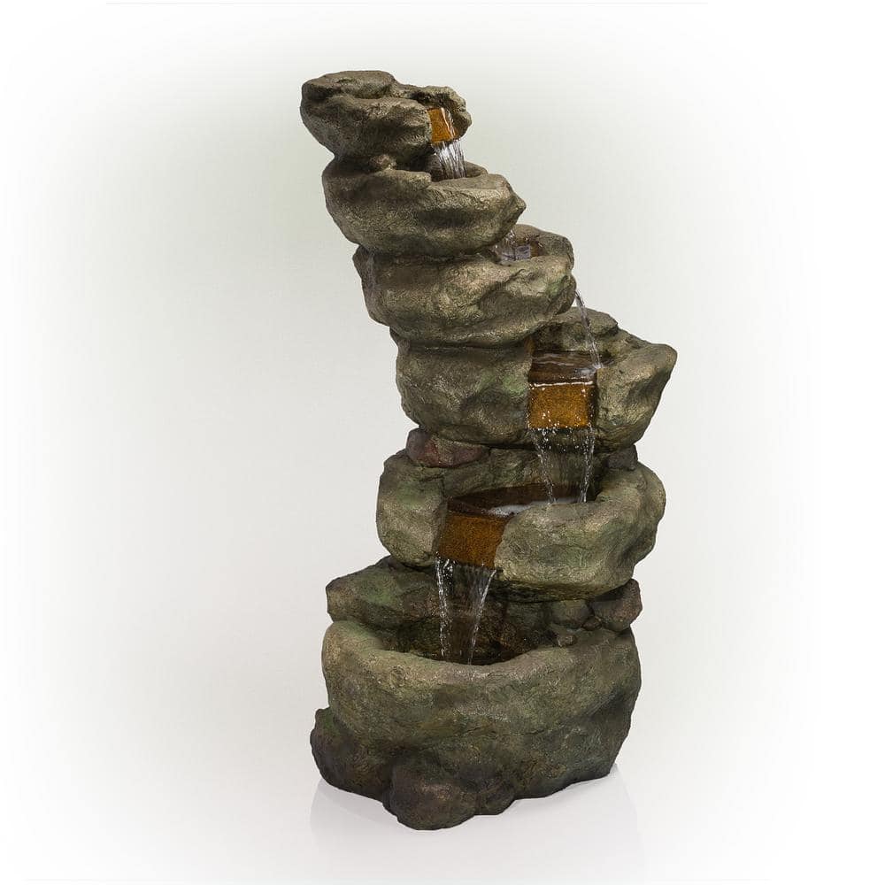 Alpine Corporation 48 in. Tall Outdoor Multi-Tier Pristine Waterfall Fountain with LED Lights TZL106