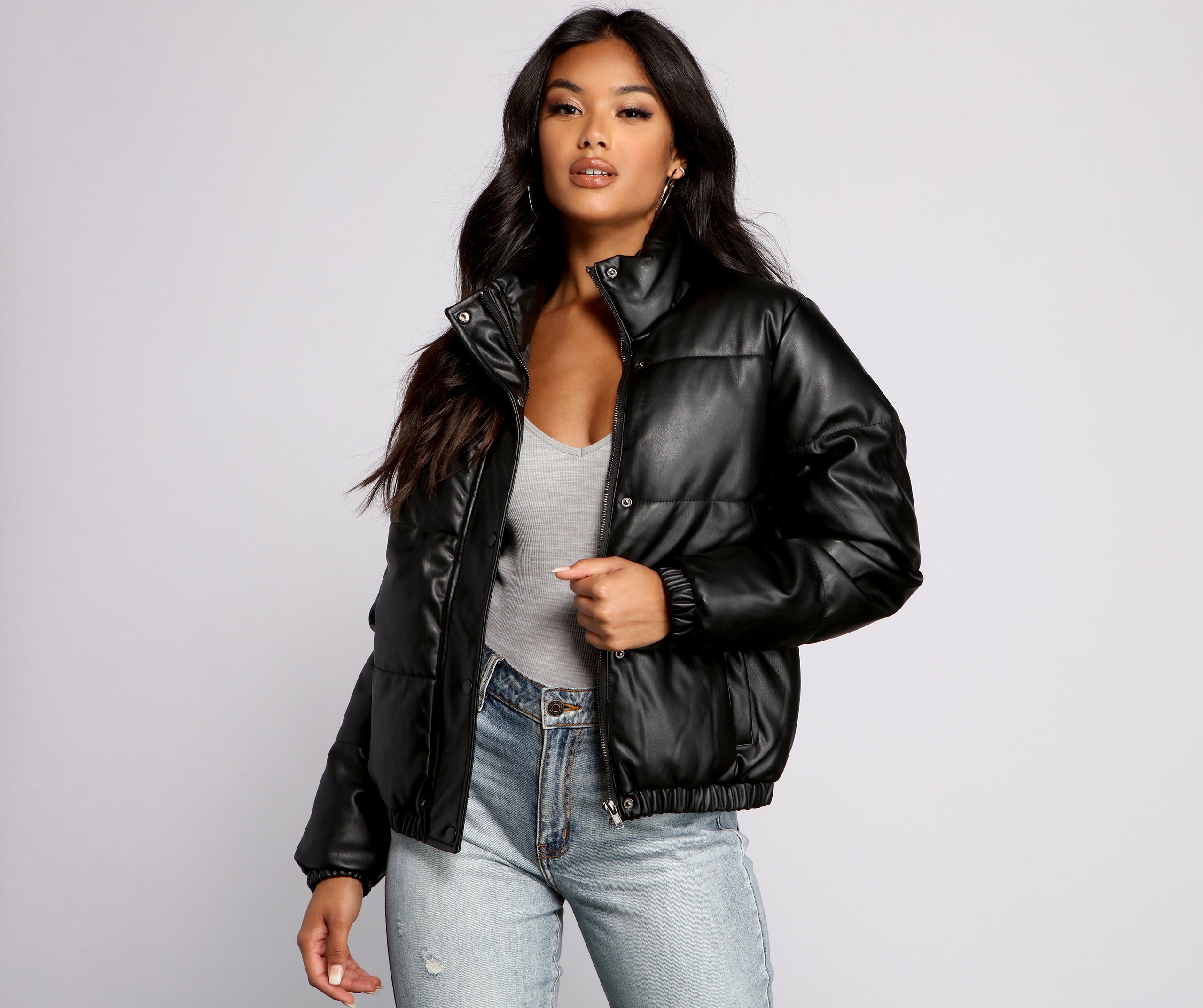 Chic Faux Leather Puffer Jacket