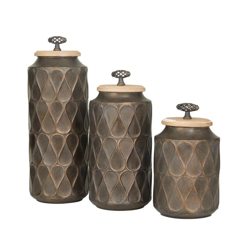 White or Black Bronze Metal Decorative Jars with Wood Lids (Set of 3)   S/3 16\