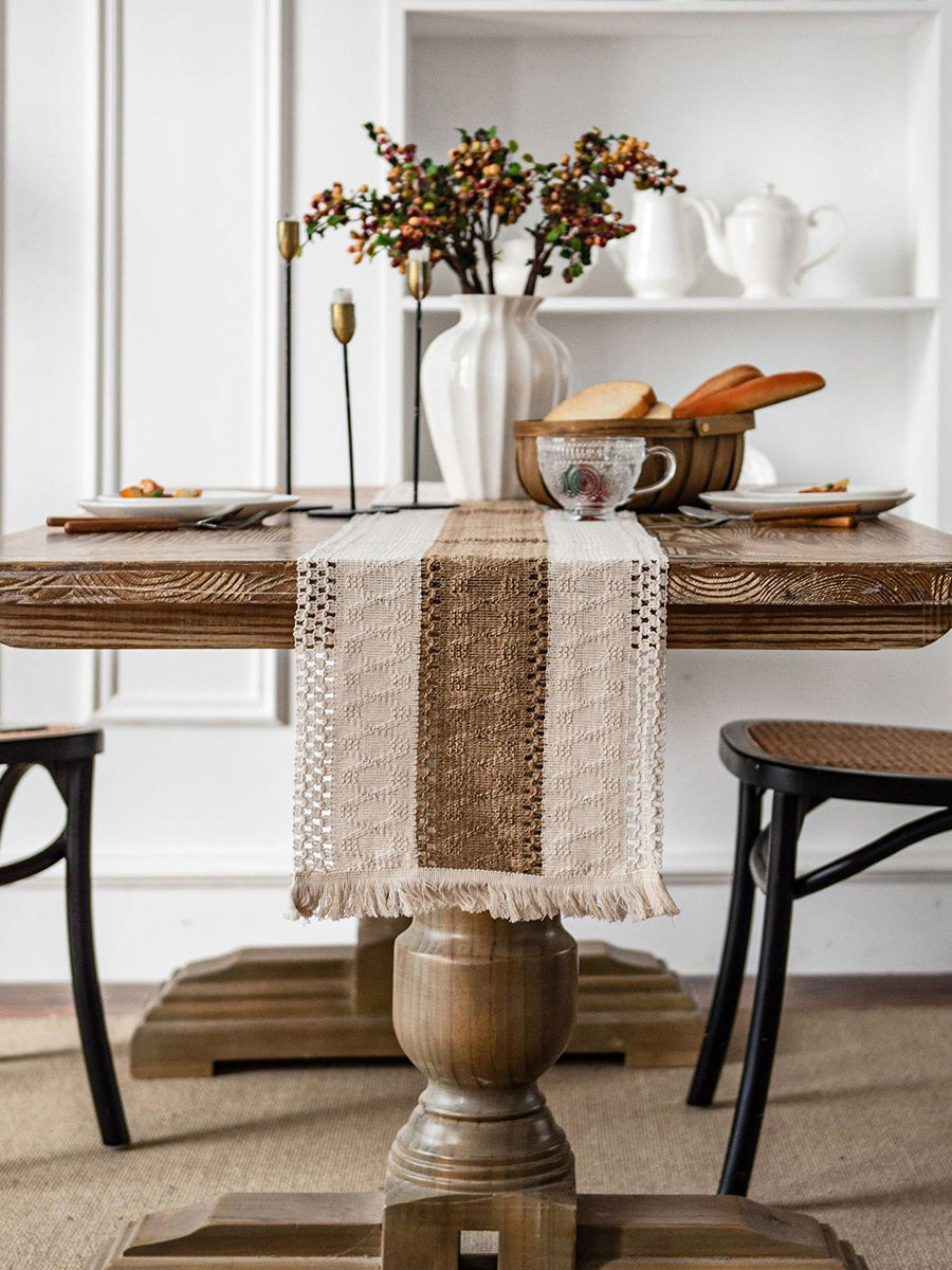 SEARIPE Macrame Table Runners with Tassels， Cotton Linen Boho Table Runner for Wedding Bridal Shower Kitchen Dining Home Decor 12x63