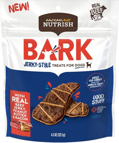 Rachael Ray Nutrish Bark Real Beef Jerky， Peanut Butter and Bacon Dog Treats， 4.5-oz pouch， case of 5