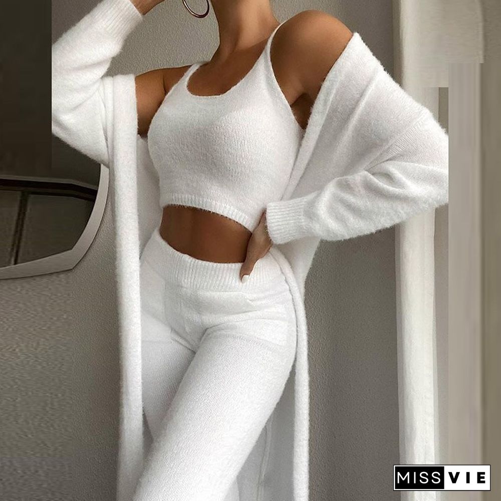 Autumn Winter Soft Three Piece Set Women Sexy Off Shoulder Crop Tops And Long Pants Homesuit Casual Solid Lady 3 Piece Suit