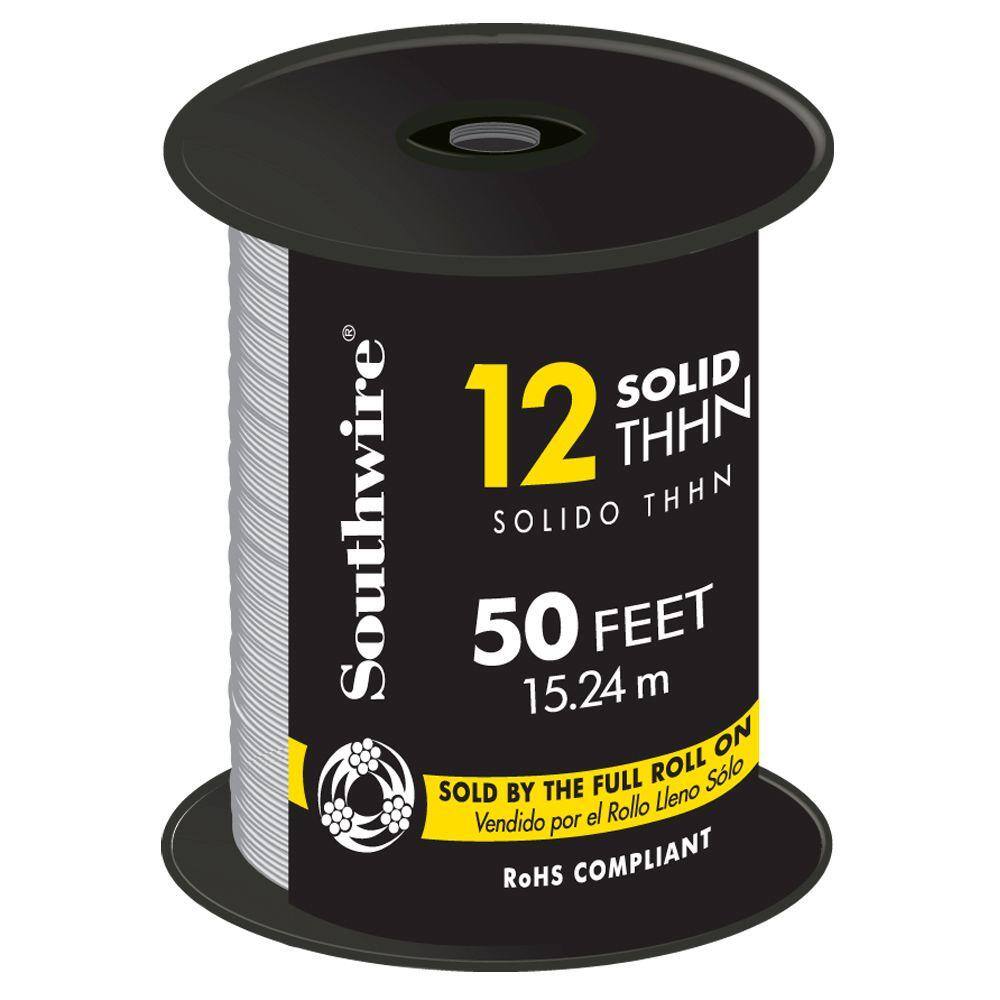 Southwire 50 ft. 12-Gauge White Solid CU THHN Wire 11588117