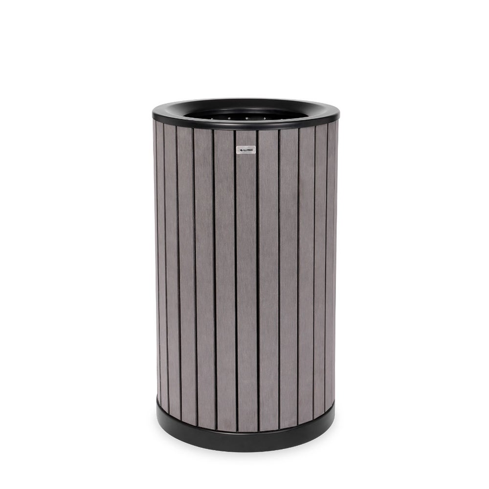 Alpine ALP4400-01-GRY Round 32-Gallon Outdoor Trash Can with Slatted， Recycled Plastic Panels， Gray