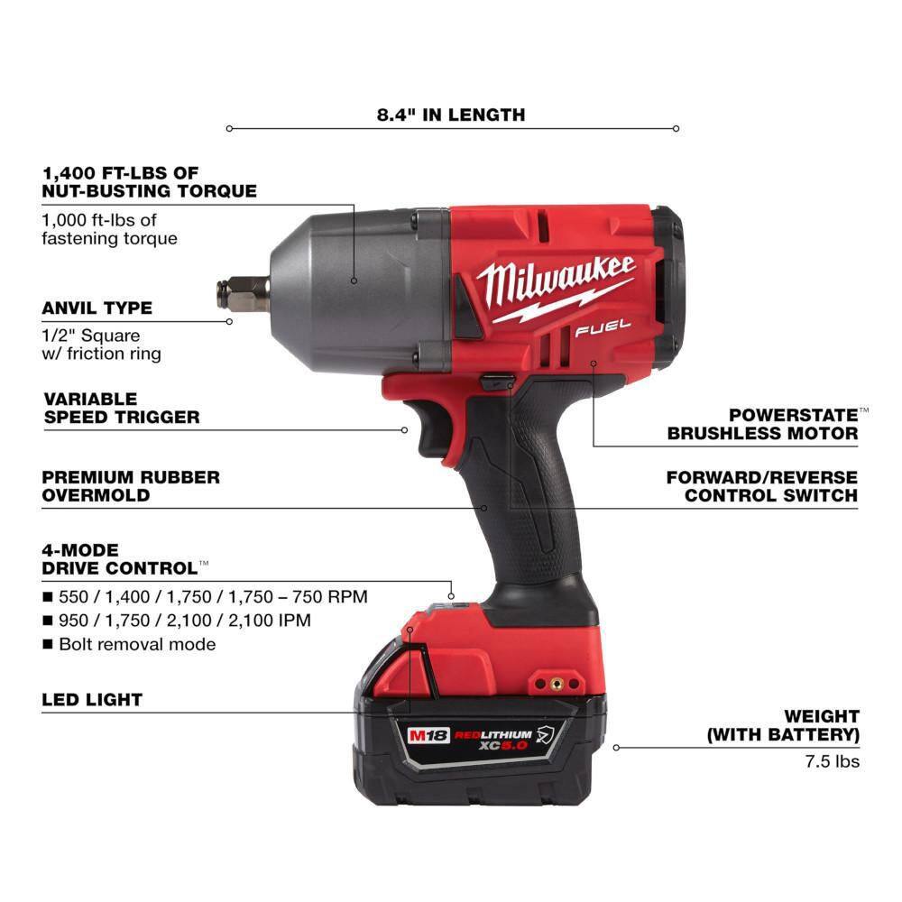 MW M18 FUEL 18V Lithium-Ion Brushless Cordless 12 in. High-Torque Impact Wrench with Grease Gun Kit Resistant Batteries 2767-22GR