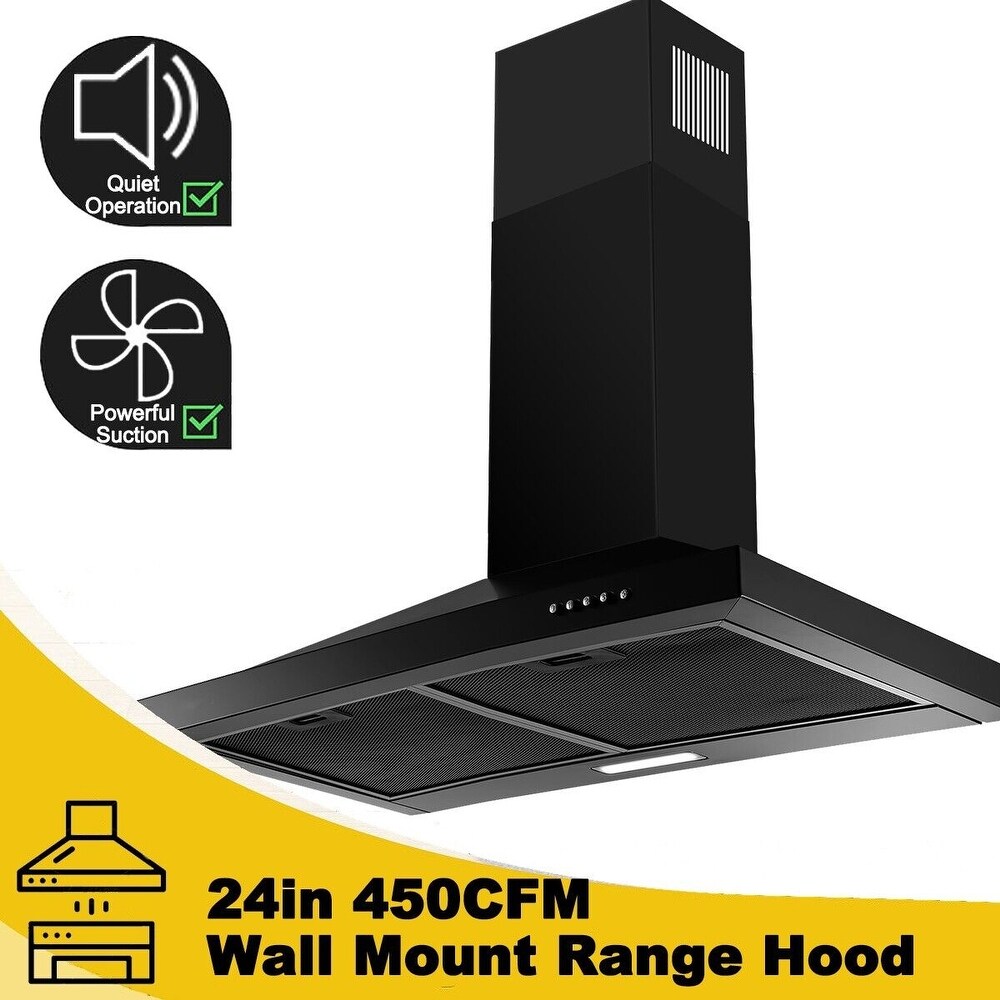 24 inch Wall Mounted Range Hood Kitchen Exhaust Stove Vent Hood 450 CFM 3 Speed Fan w/LED