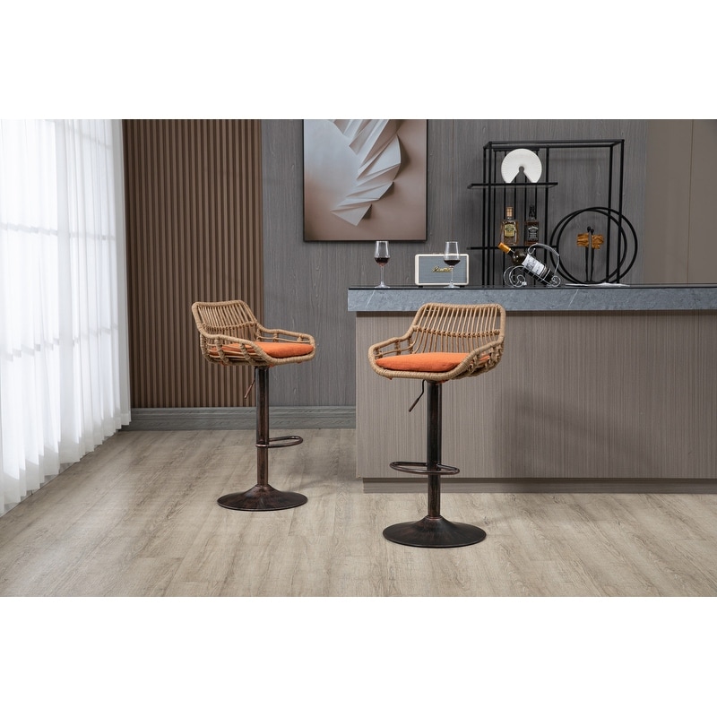 Modern Bar Stool Set of 2  Rattan Barstools Height Adjustable Bar Chairs Swivel Barstools with Footrest for Kitchen  Dining Room