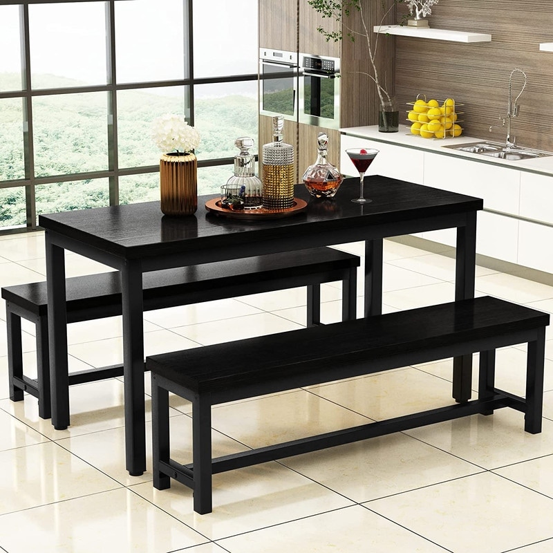 Industrial 3 Piece Dining Table Set  Retro Wood Kitchen Table Set with 2 Benches for Home Kitchen  Dining Room  Restaurant