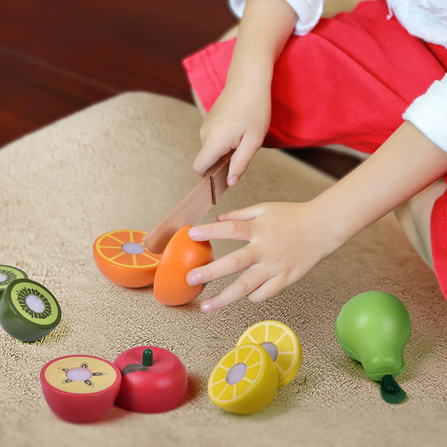 Fun Little Toys 11 Pcs Wooden Pretend Cutting Play Food Set,Early Education Toys,Fruits Slicers Playset for Toddlers,Briyhday,Xmas Gifts for Boys,Girls