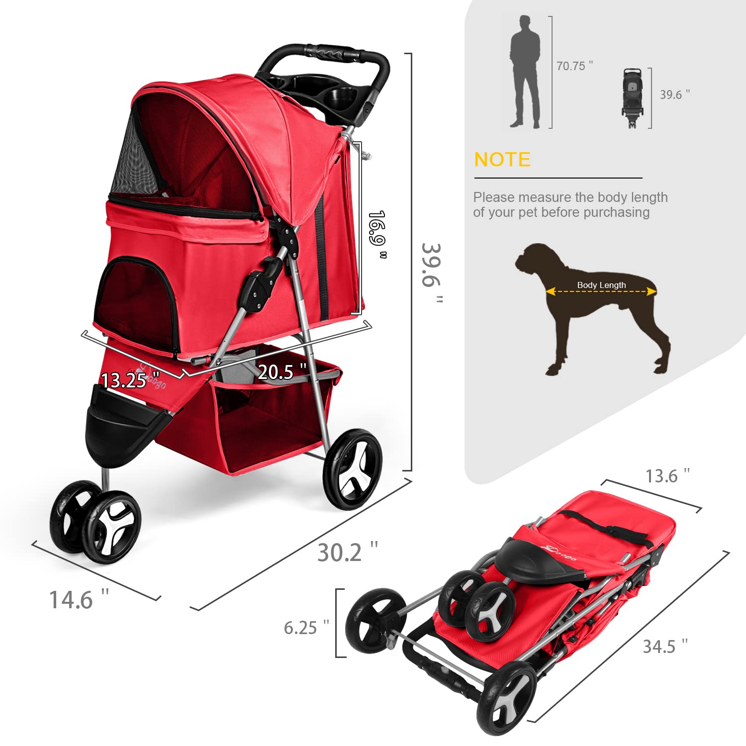 Pet Stroller 3 Wheel Foldable Cat Dog Stroller with Storage Basket and Cup Holder for Small and Medium Cats， Dogs， Puppy (Red)