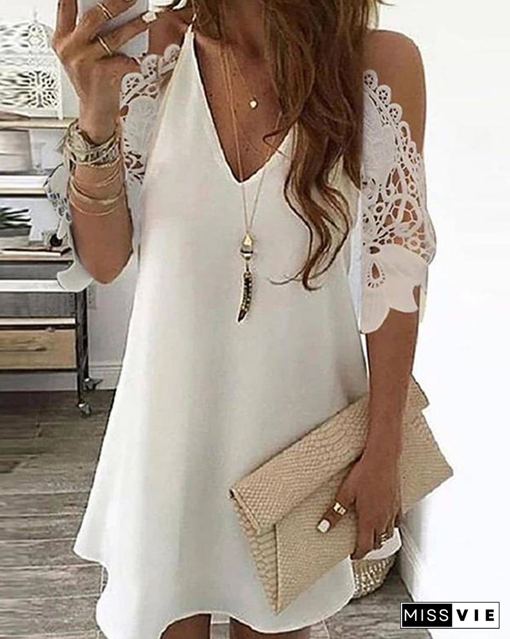 Cold Shoulder Crochet Lace Hollow Out Casual Dress