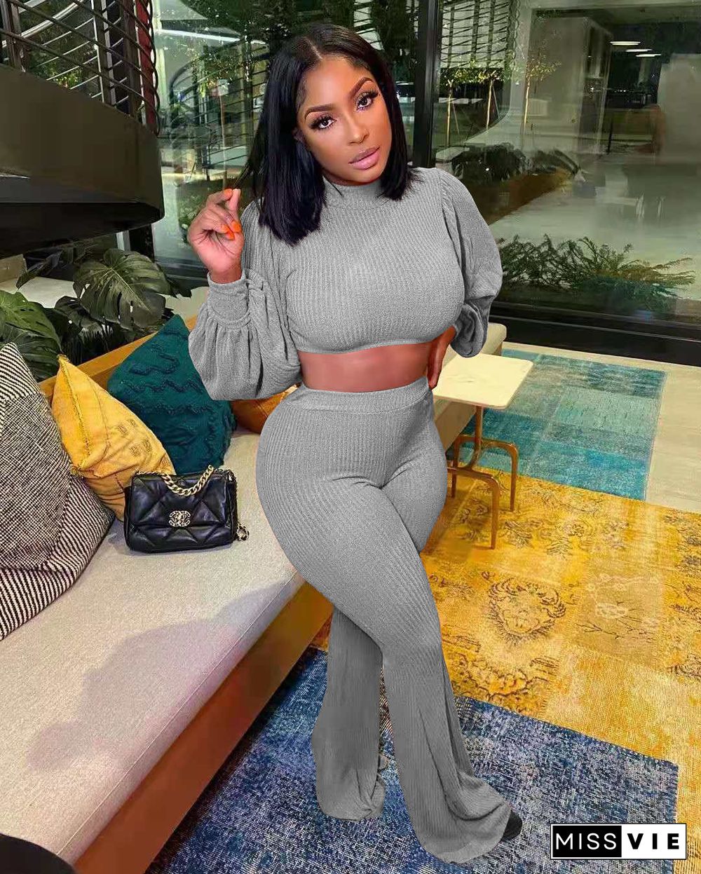 Turtleneck Puff Sleeve Crop Top+Flare Pants Set