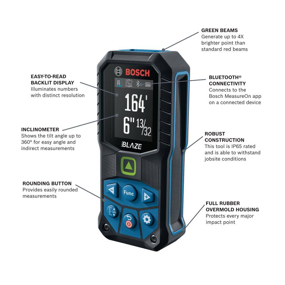 Bosch BLAZE 165 ft. Green Laser Distance Tape Measuring Tool Bluetooth Plus 3.7V Lithium-Ion 1.0 Ah Battery with USB Charging GLM16527CGLMBAT