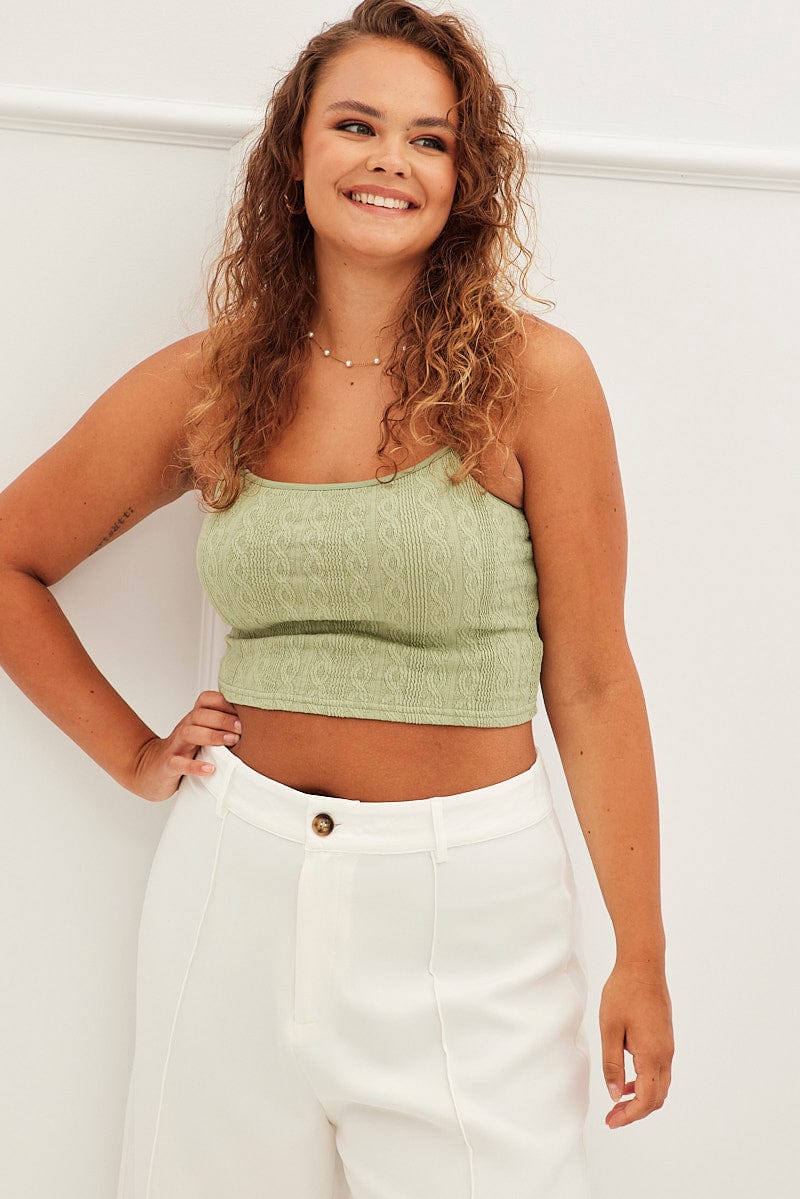 Green Crop Top Shoestring Strap Textured Jersey