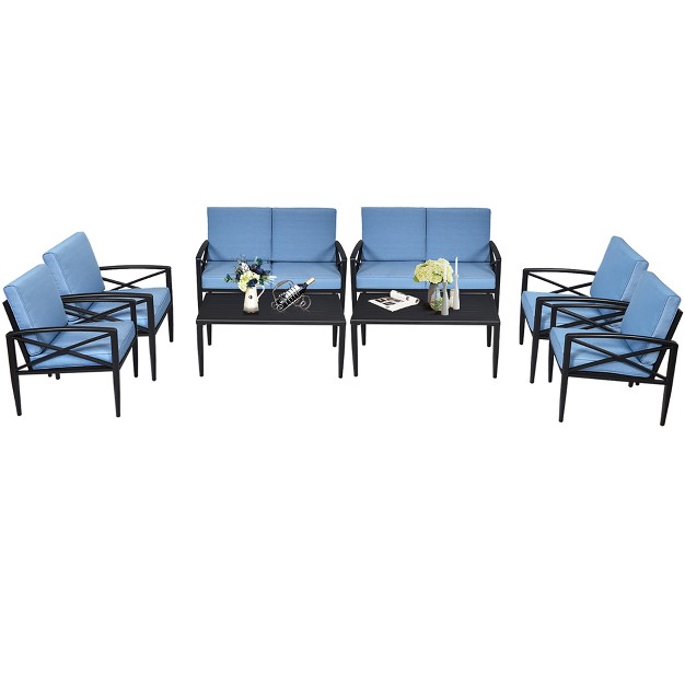 Costway 8pcs Patio Furniture Set Aluminum Frame Cushioned Sofa Chair Coffee Table Blue