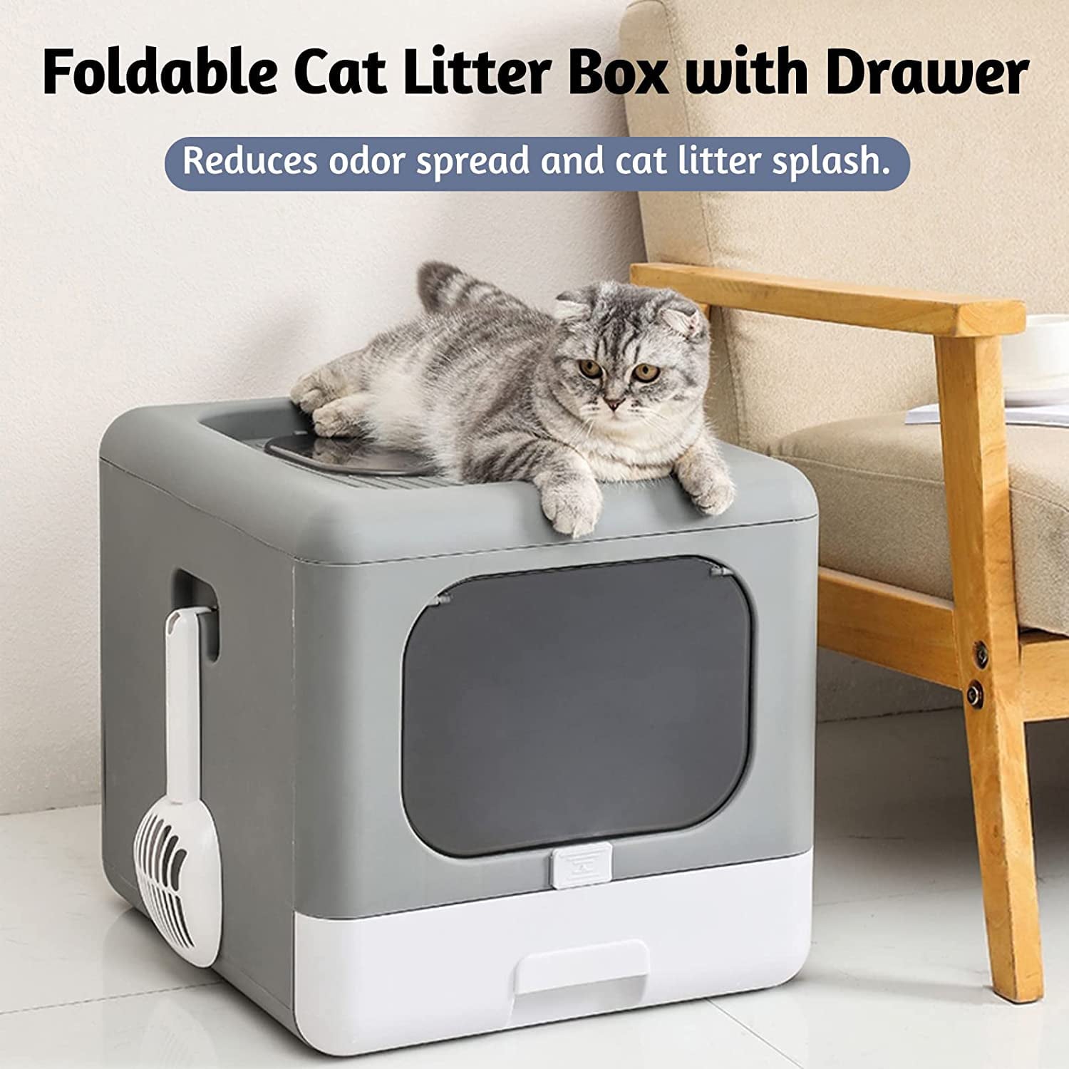 Hamiledyi Foldable Cat Litter Box with Lid， Enclosed Drawer Kitty Litter Pan Front and Top Entry Door Cat Potty with Plastic Scoop Anti-Splashing No Smell Easy to Scoop