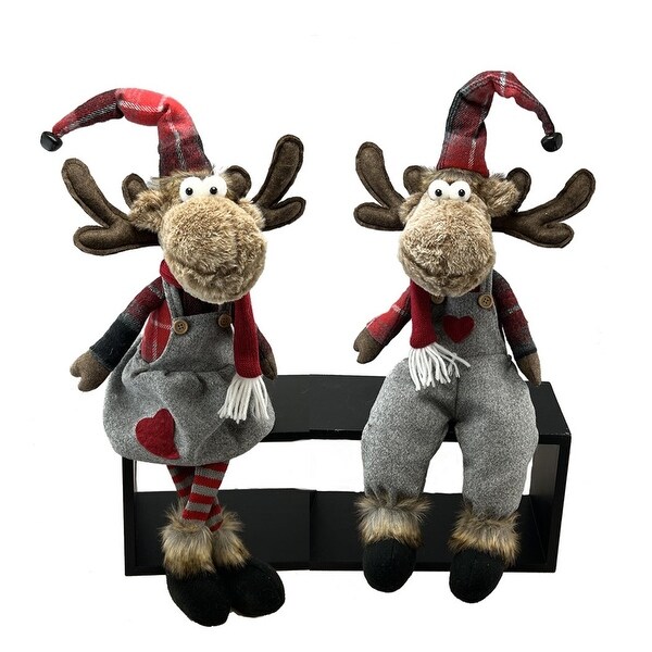 Set Of 2 Assorted Sitting Moose In Plaid Hats Figurine