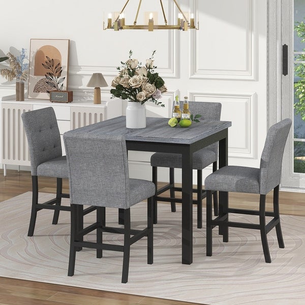 5 piece counter height dining room set with footstool and 4 upholstered high back chairs