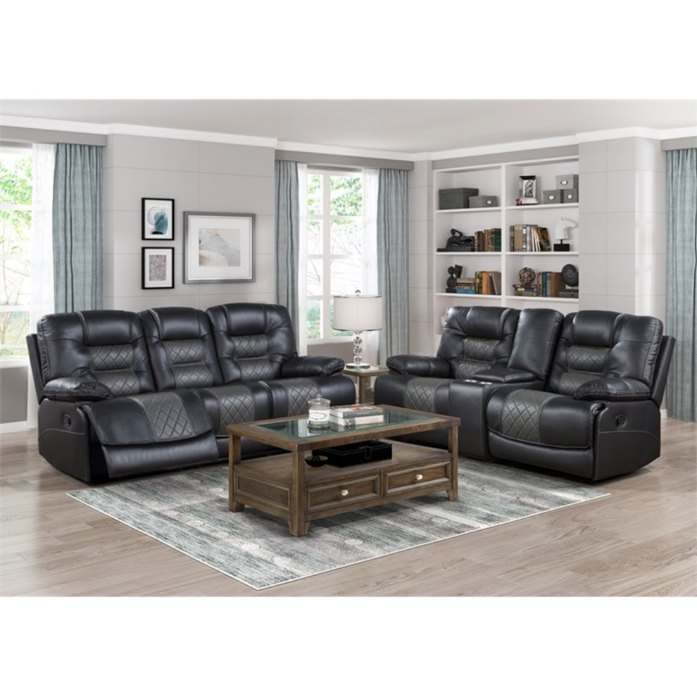 Lexicon Fabian Breathable Faux Leather Double Reclining Sofa in 2 Tone Gray   Contemporary   Sofas   by Homesquare  Houzz