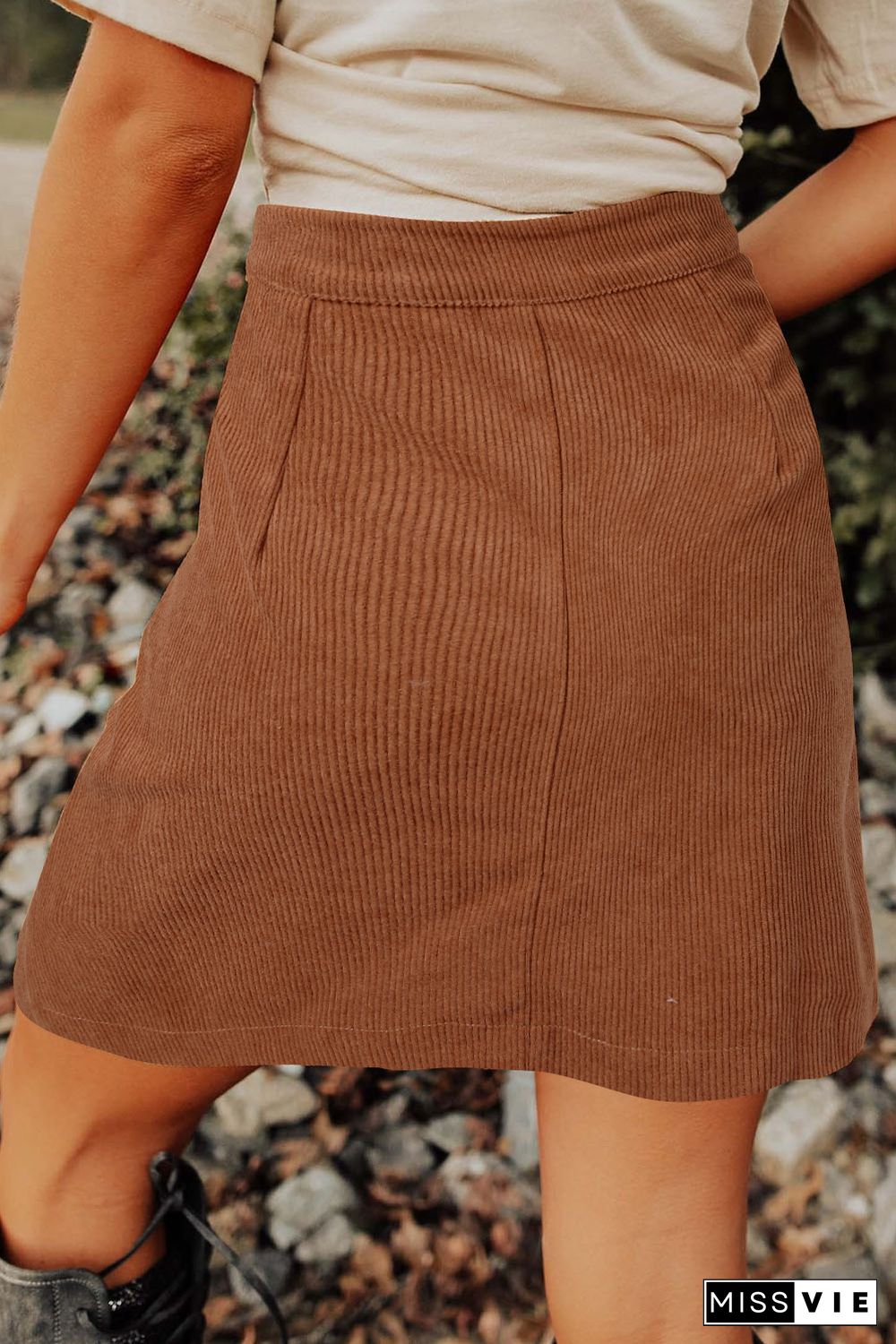 Brown Buttons Front Corduroy Mini Skirt