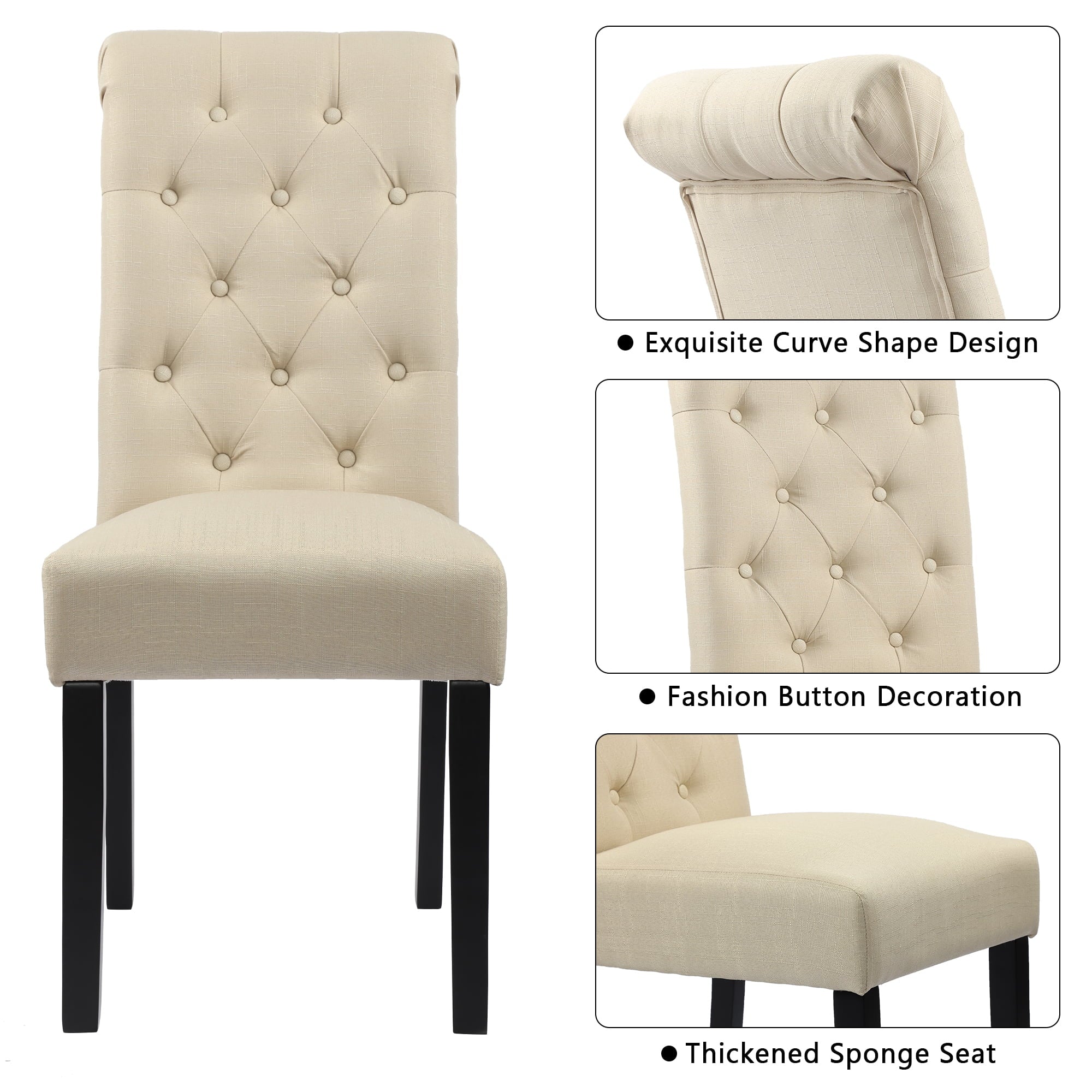 High Back Button Tufting Fabric Upholstered Dining Chairs， Beige， Set of 2