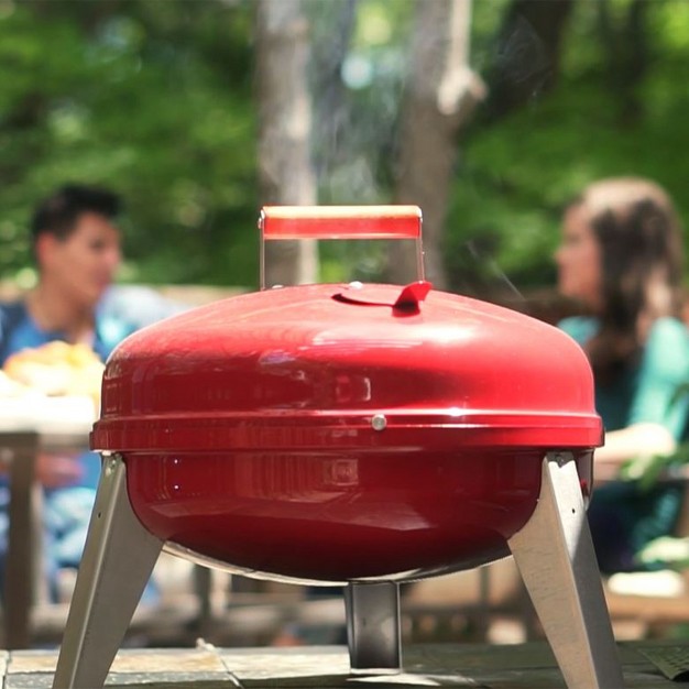 Americana Lock x27 n Go Steel Lightweight Portable Outdoor Camping Charcoal Grill With Interlocking Hood amp Bowl amp Wooden Handle Red