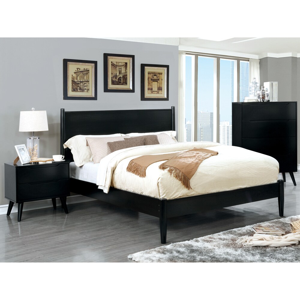 Fopp Mid Century Modern Black Wood 3 Piece Platform Bedroom Set by Furniture of America