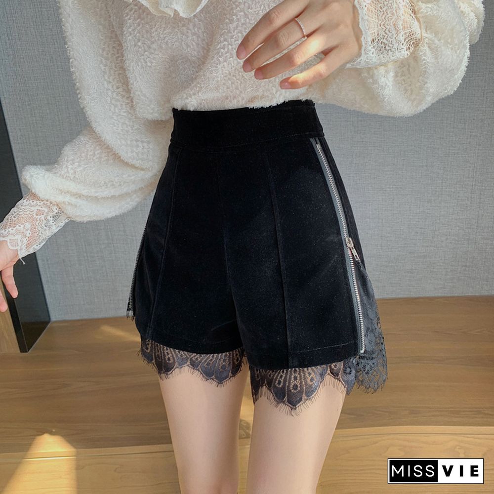 Sexy Lace Trim Velvet Shorts