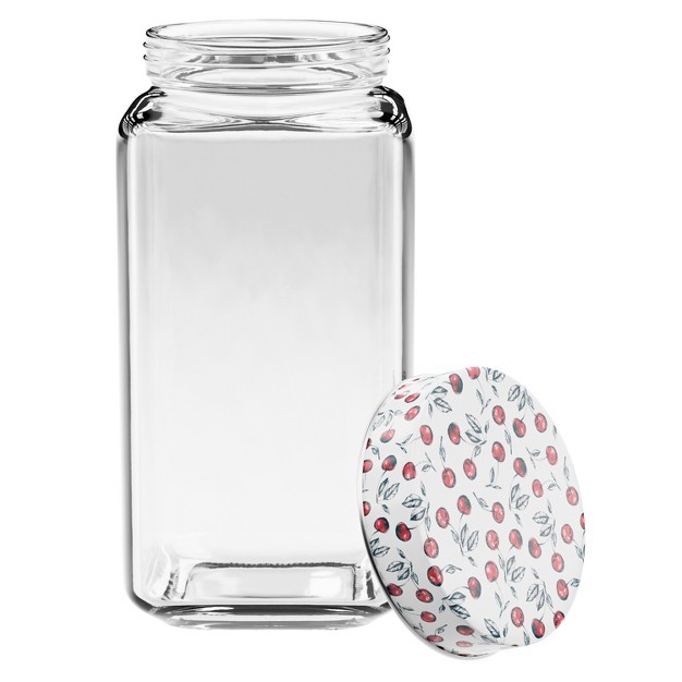 American Atelier Square Clear Glass Jars Set Of 3 Cherry Design On Airtight Lid For Coffee Beans And Dry Goods 45 63 And 74 ounce Capacity