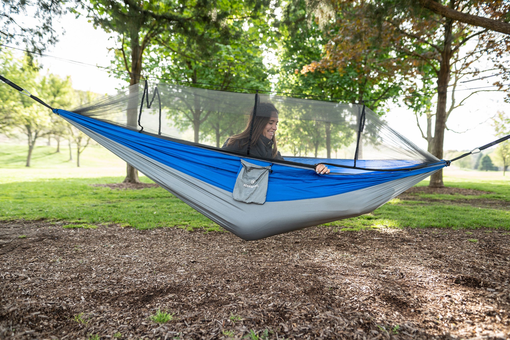 Stansport Packable Nylon Hammock with Mosquito Netting - Blue - 102” length x 54” width - Camping Outdoors