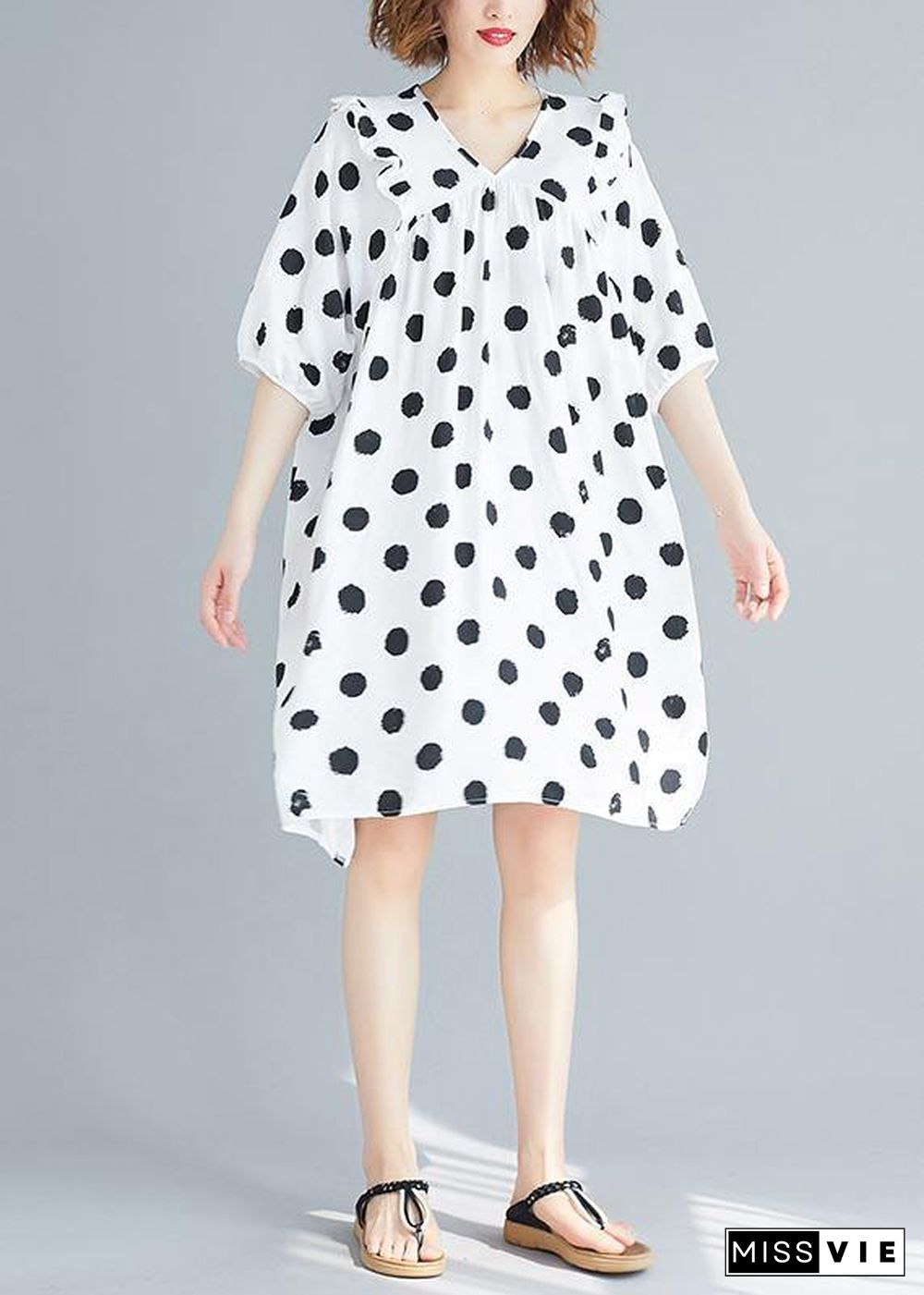 French v neck Cinched Tunics Shirts white dotted Dress summer