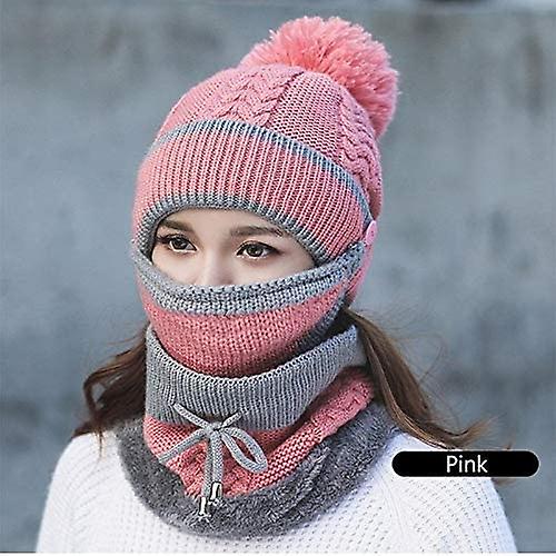 3pcs/set Fashion Women Winter Knitted Hat Thickened Woolen Cap With Warm Mask And Neck Scarf Pink -