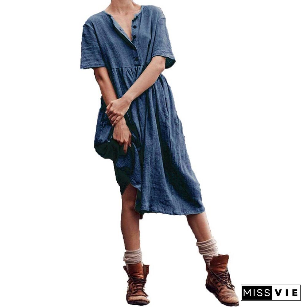 Solid Button Front Crew Neck Short Sleeve Dress