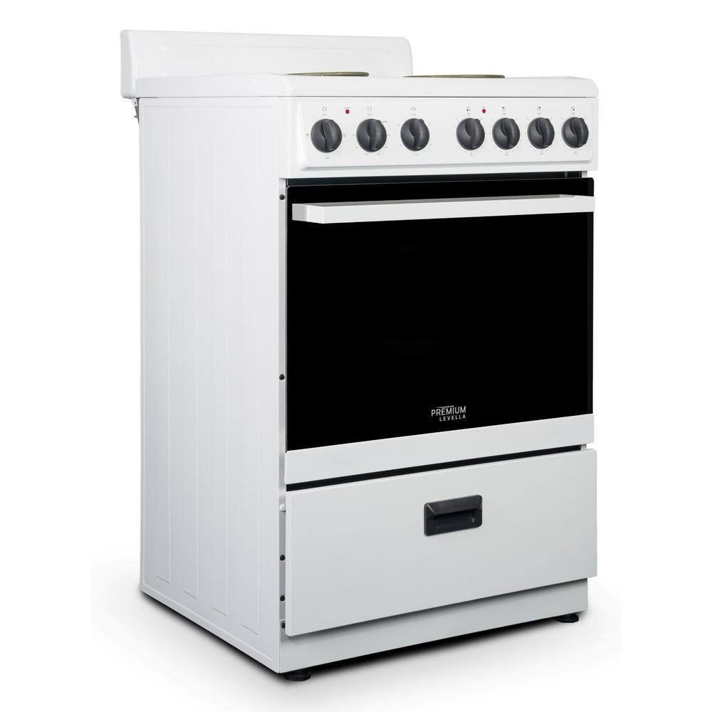 Premium LEVELLA 24 in. 2.7 cu. ft. Single Oven Electric Range with 4 Burners and Storage Drawer in White PRE2425GW