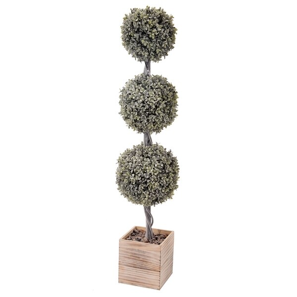 Topiary Flocked Boxwood Triple Ball Topiary in Square Wood Planter 36