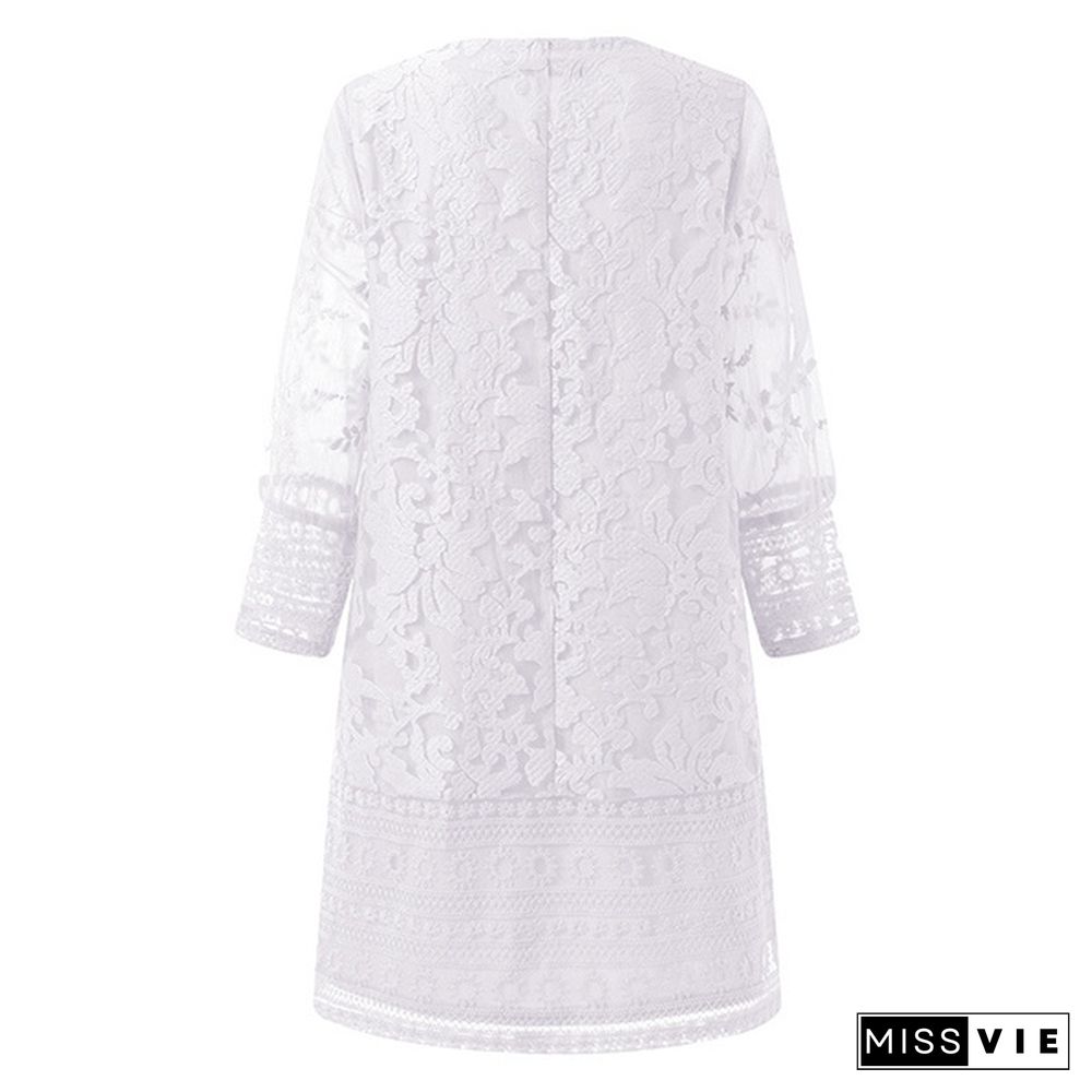 Womens Fashion Crochet Lace Mini Dress 3/4 Sleeve V Neck Hollow Out Party Casual Loose White Black Dress Plus Size