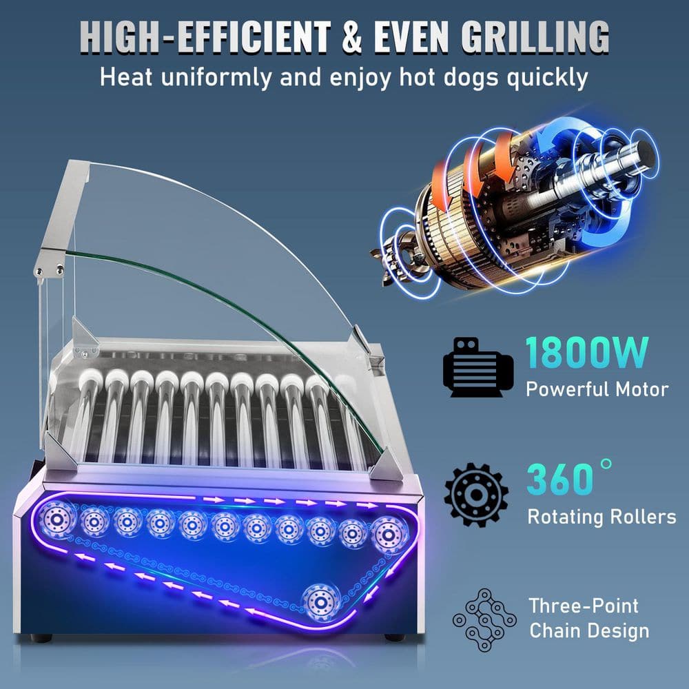 VEVOR Hot Dog Roller 30 Hot Dog Capacity 11 Rollers 1800W Stainless Steel Cook Warmer Machine with Cover Indoor Grills, Silver GYGRGJMC1123XBWL9V1