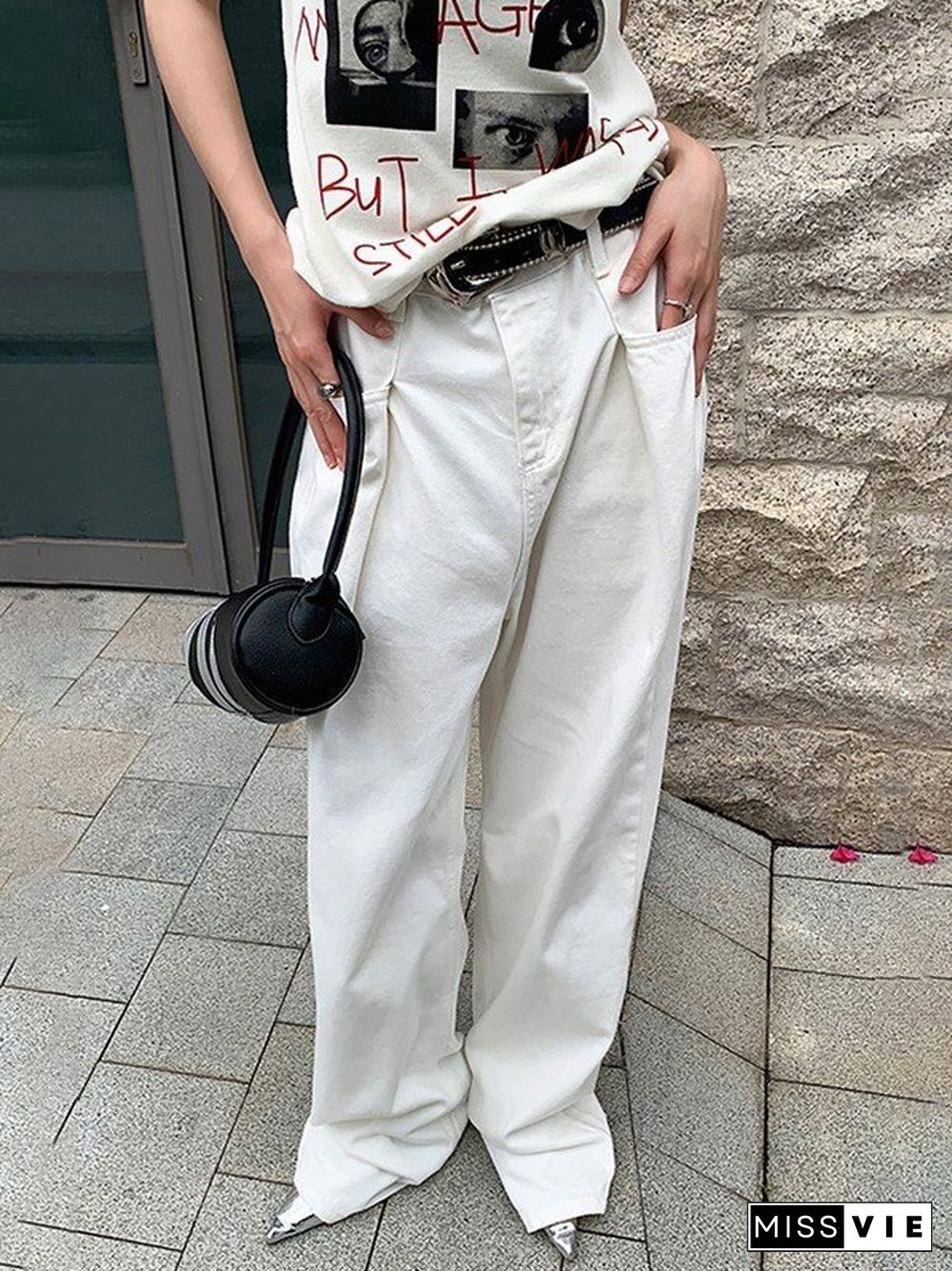 Pleated White Baggy Boyfriend Jeans