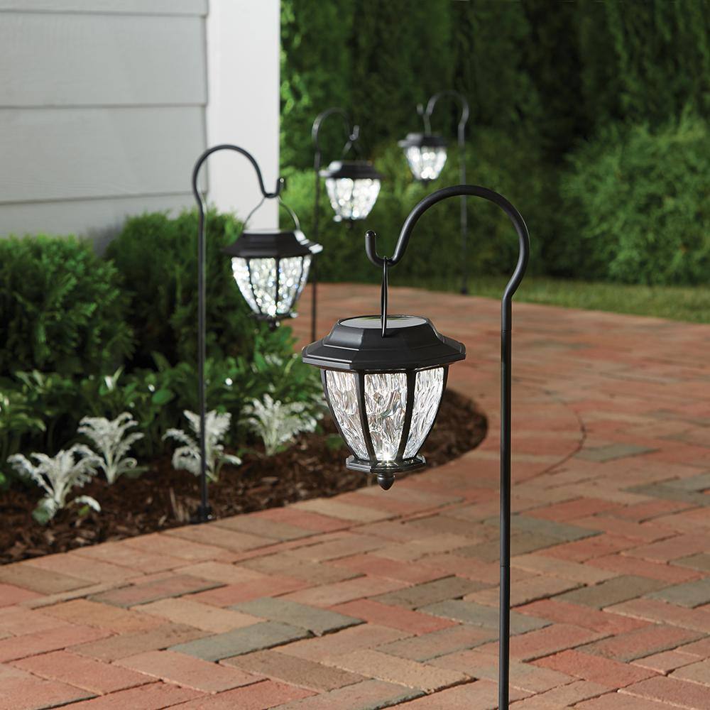 Hampton Bay Solar Matte Black Outdoor Integrated LED Shepard Hook Landscape Path Light with Hammered Lens (4-Pack) 93603