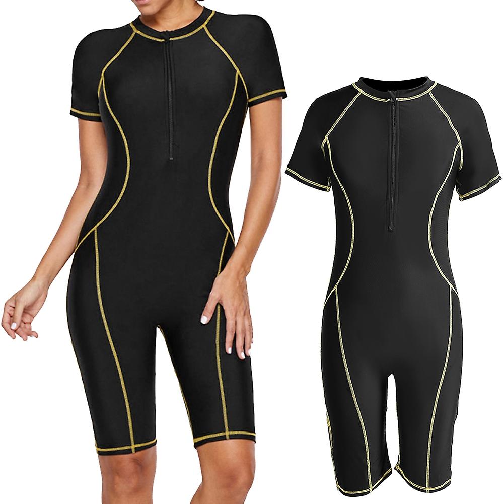 Women One-piece Black Diving Snorkeling Wet Suit Short Sleeve Fast Dry Swimwear(XL)