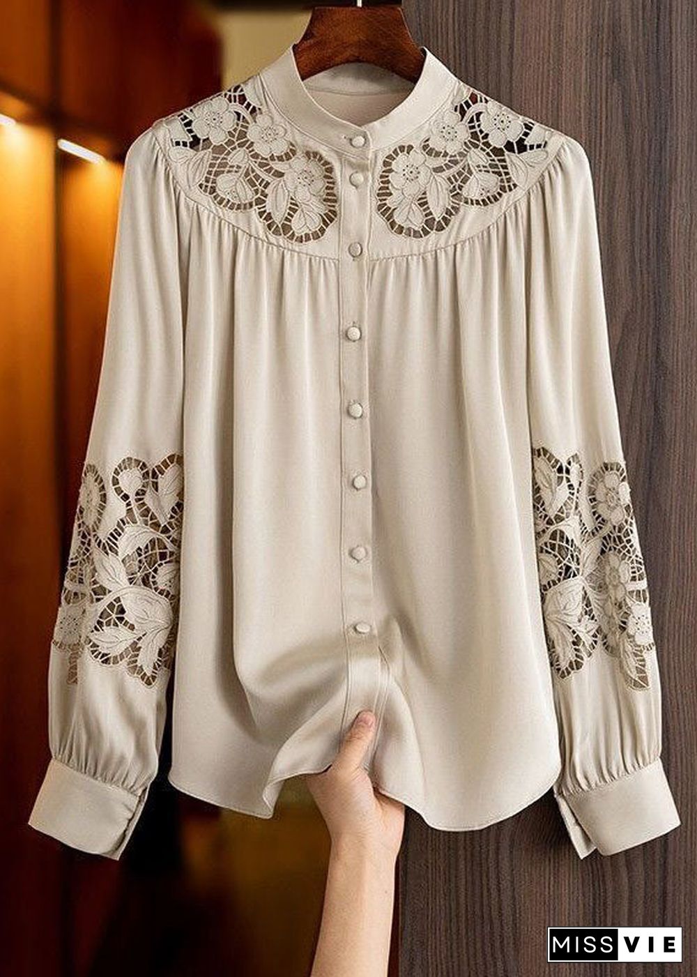 Style Apricot Stand Collar Embroideried Hollow Out Chiffon Shirt Long Sleeve