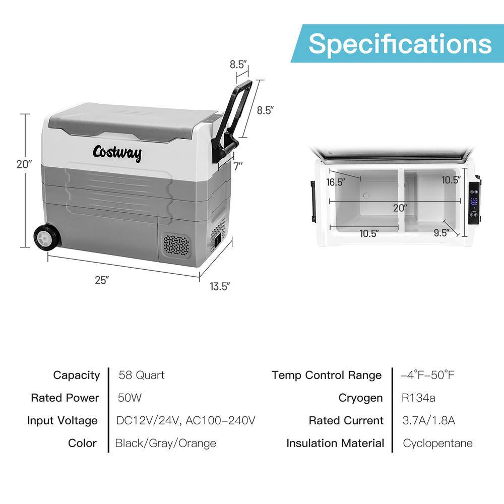 Costway 58 Quarts Car Refrigerator Portable RV Freezer Dual Zone Coolers Gray AX10001US-HS